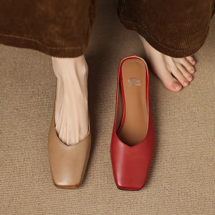 法式真皮通勤简约粗跟包头凉拖鞋女夏外穿方头穆勒鞋百搭高跟鞋