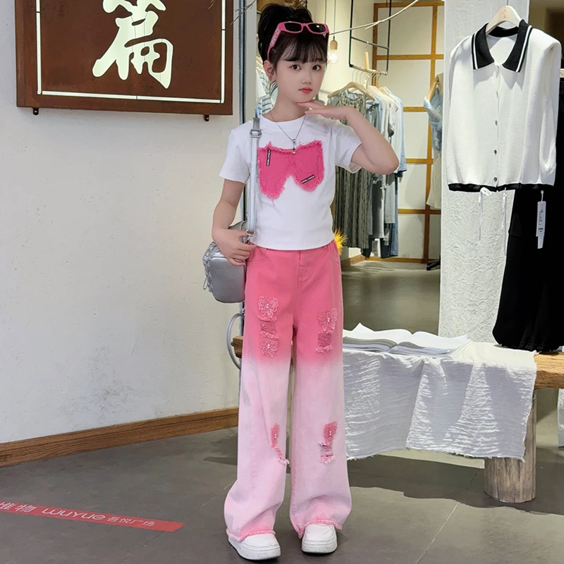 女童夏季套装新款裤子牛仔裤爆款两件套女孩夏装中大童网红长款潮