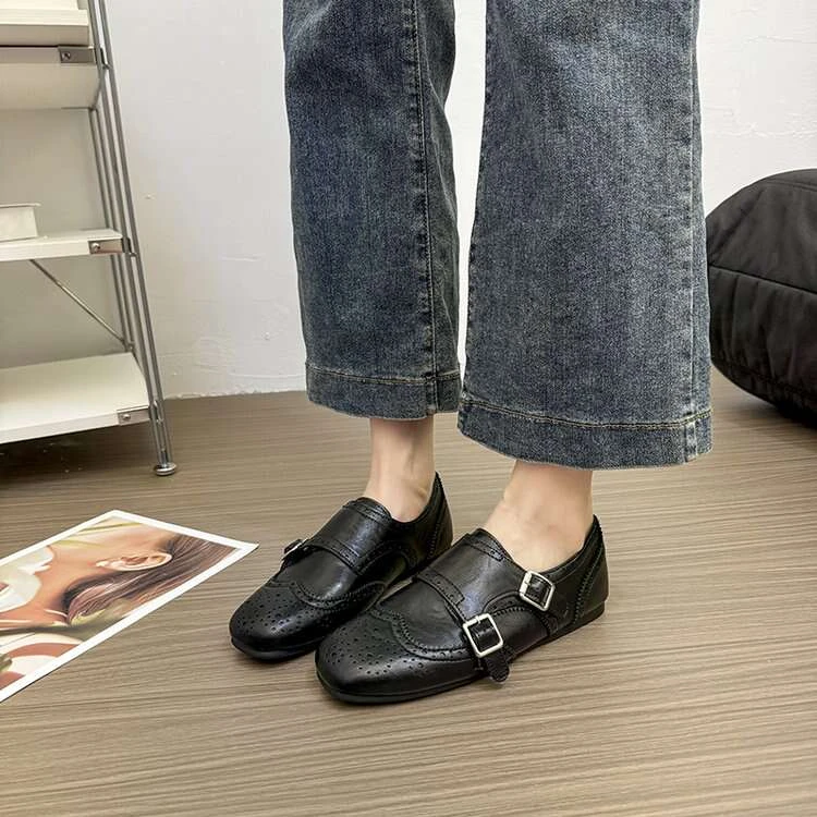 【万达撤柜】冬季新款金属扣一脚蹬镂空英伦风平底深口单鞋时尚气