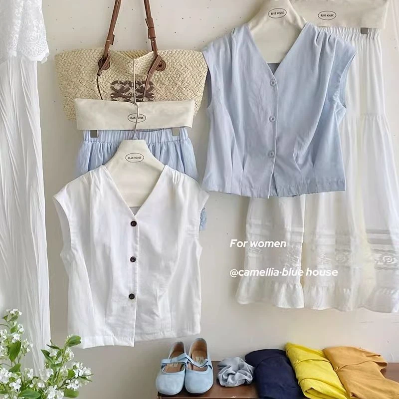 温柔随性风V领亚无袖衬衫女夏季单排扣设计宽松显瘦坎肩小衫