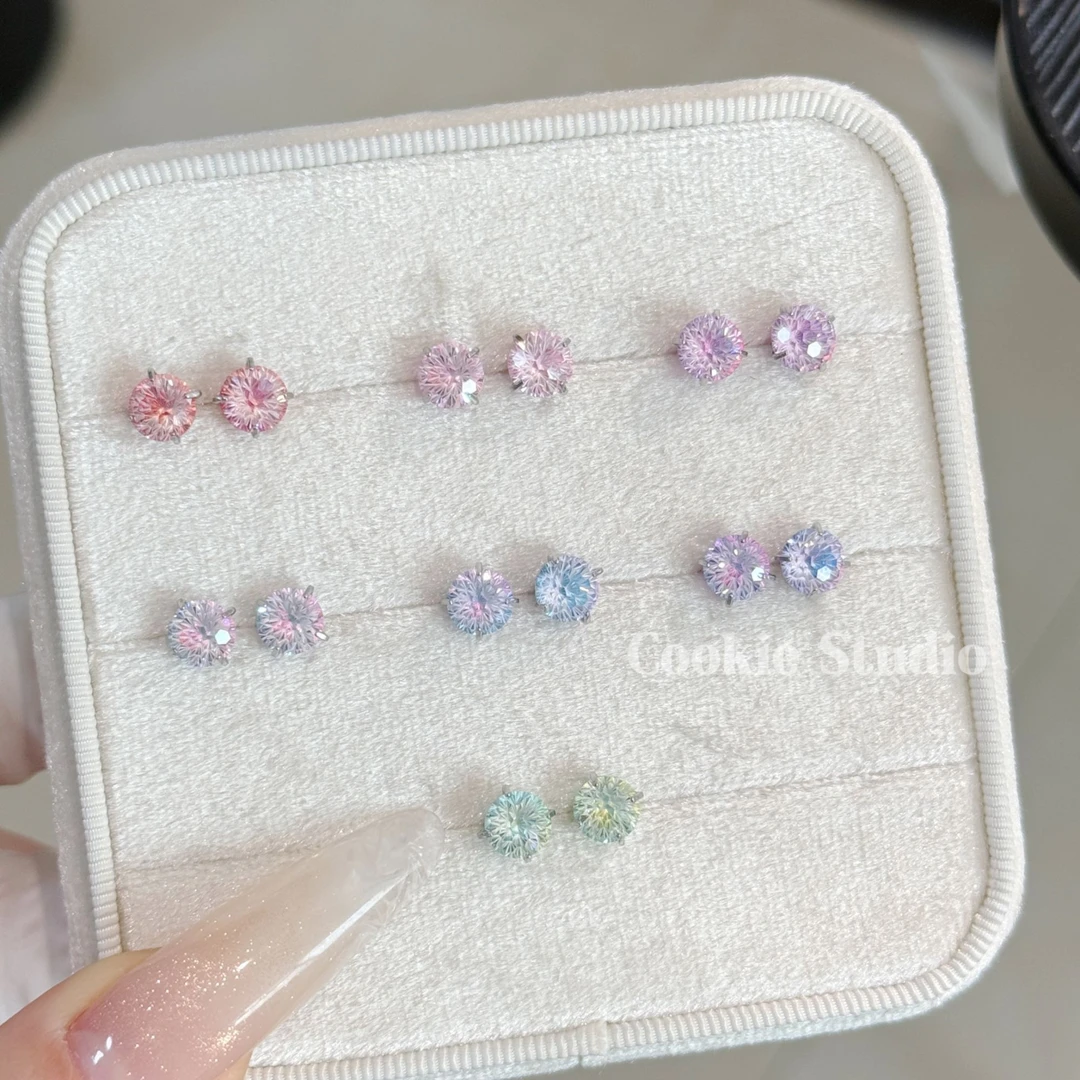 钛钢合成锆石耳饰 天火切渐变锆石钛钢耳钉耳骨钉 6mm