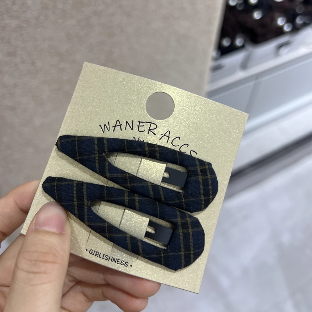 韩里韩气蓝格纹布艺BB夹气质百搭侧边刘海碎发夹