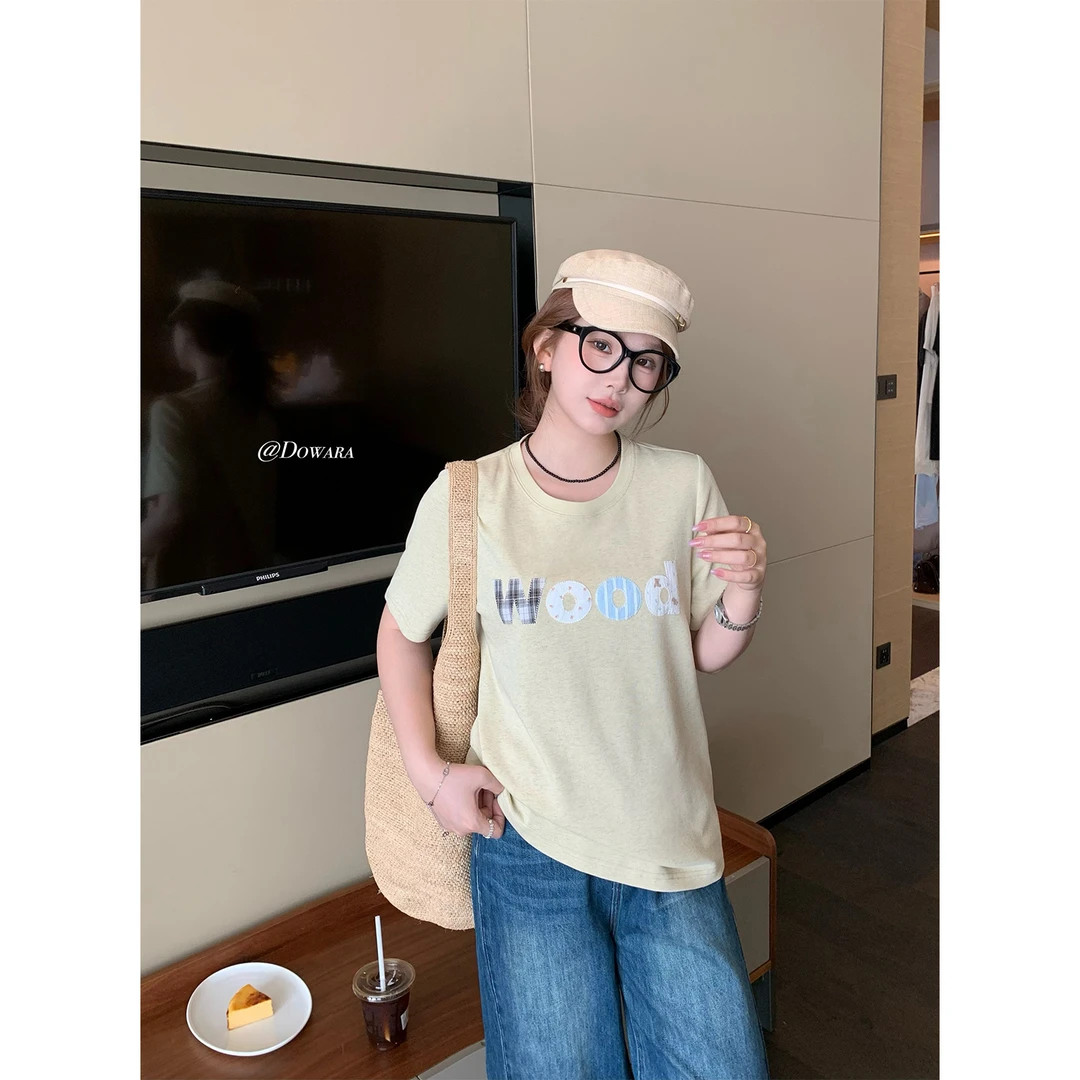 现货大婉酱微胖定制贴布绣字母正肩短袖T恤夏季显瘦圆领上衣8027D