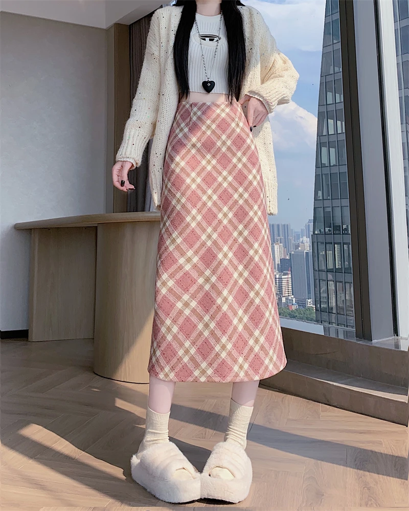 学院风粉色格子显瘦半身裙女2025秋冬新款韩系甜美百搭毛呢包臀裙