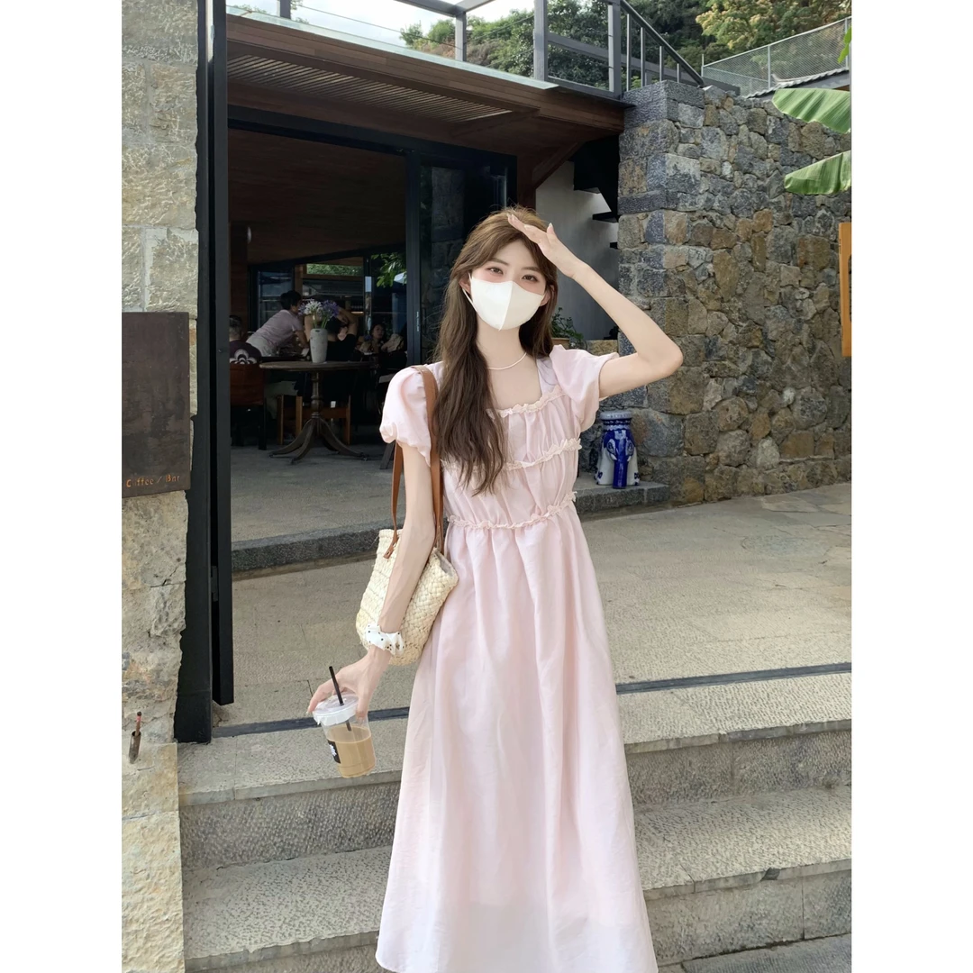 轻职风夏季甜美新款收腰显瘦设计感皱褶连衣裙木耳边花边气质长裙