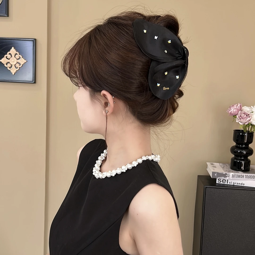 夏季2025新款网纱蝴蝶结闪耀抓夹大号鲨鱼夹气质时尚百搭夹子