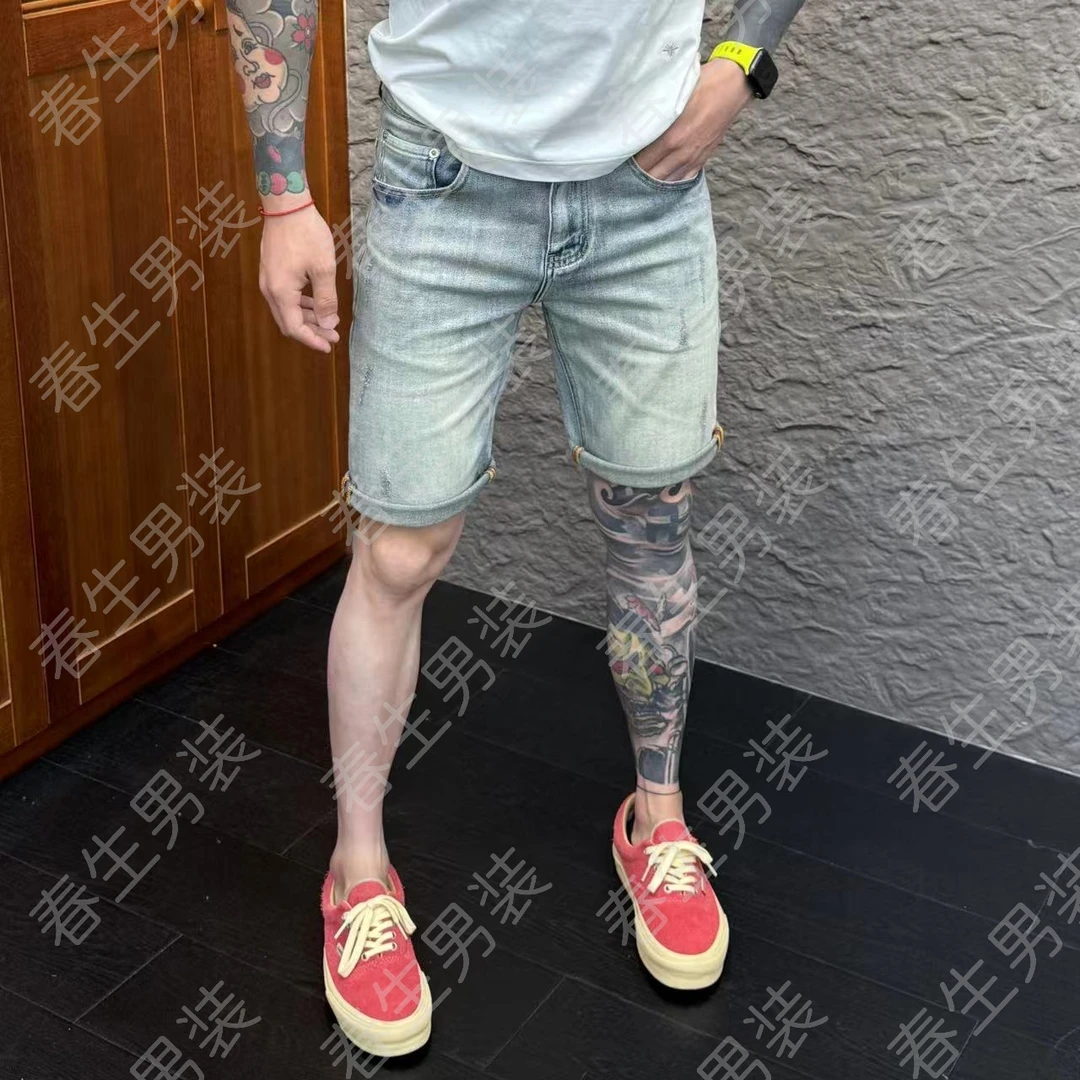 2025春季新款时尚休闲百搭净版纯色高弹男士牛仔短裤6005