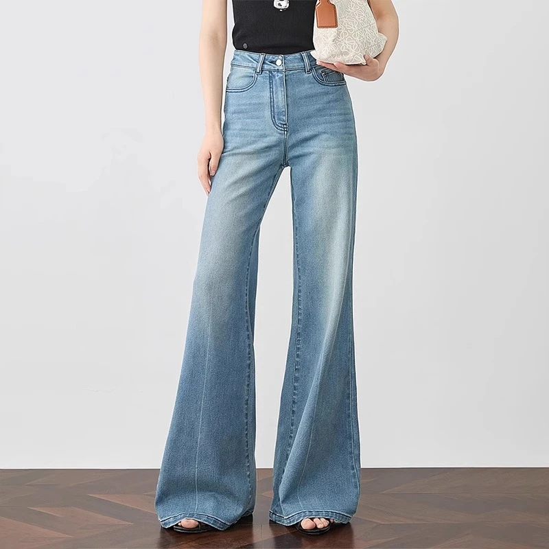 复古高腰显瘦喇叭牛仔裤女夏季薄款梨形身材小个子宽松弹力微喇裤