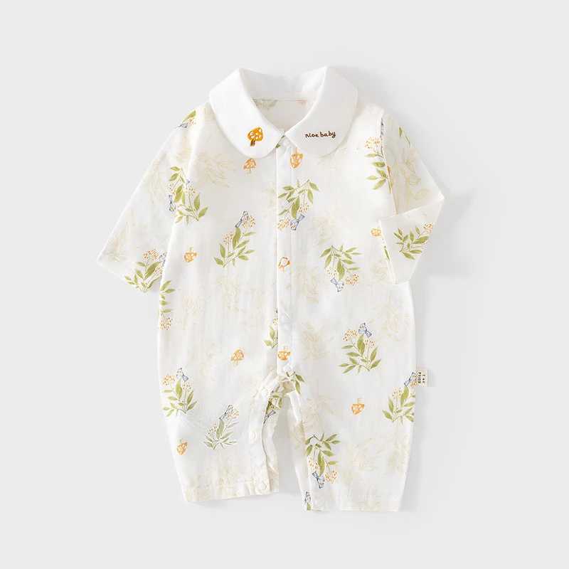 夏款婴儿纱布连体衣宝宝超薄长袖白领哈衣儿童夏季空调服新生爬