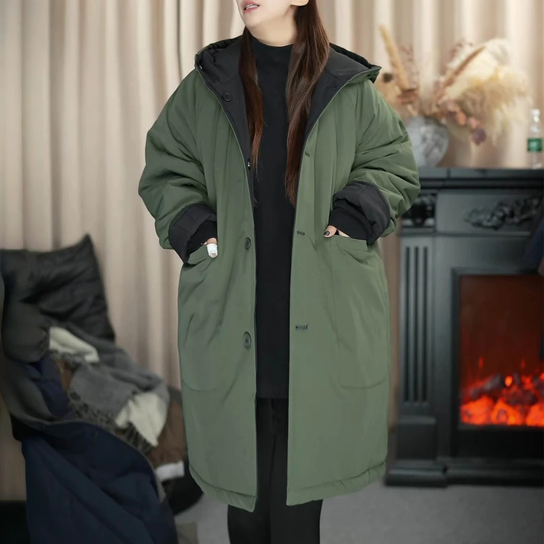 保暖时尚百搭洋气宽松简约棉服秋冬新款大码中长款双面穿减龄棉衣