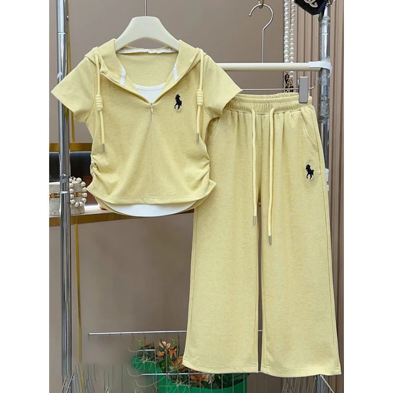 女童套装2025夏季假两件收腰设计薄款透气舒适短袖T恤裤子两件套