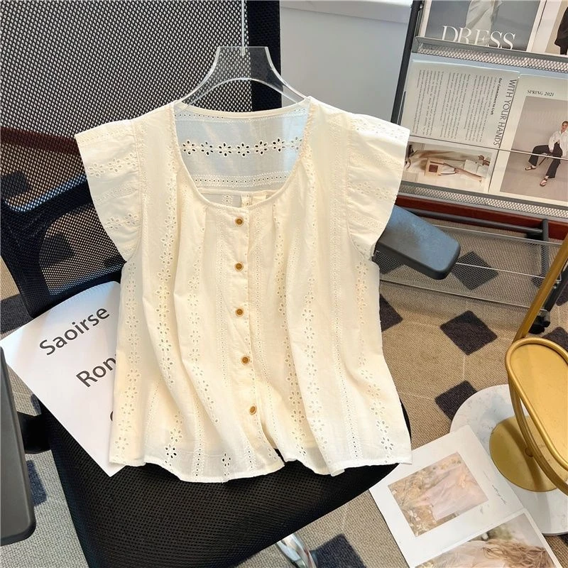 韩版气质减龄洋气蕾丝镂空飞飞袖衬衫女夏季甜美显瘦娃娃衫上衣潮