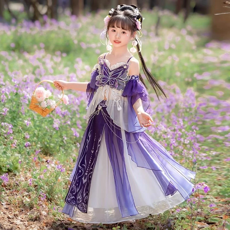 六一新款汉服女童夏季中国风超仙女孩古装薄款儿童唐装紫色连衣裙