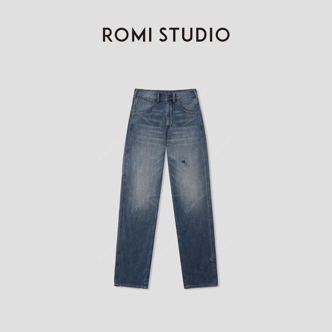 ROMI STUDIO“复古丹宁”轻薄水洗猫须补丁工装牛仔裤 RWCRX83985
