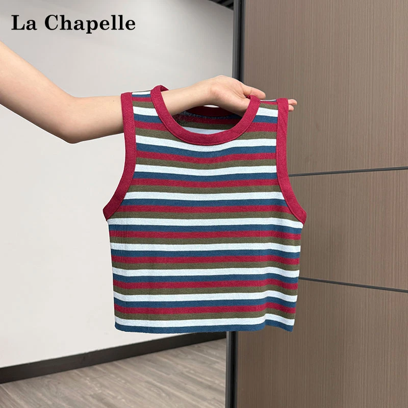 拉夏贝尔复古条纹针织吊带背心女夏季修身显瘦短款辣妹风无袖上衣