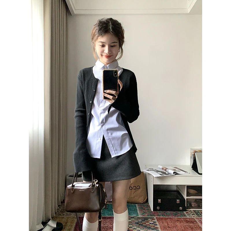 【2516】慵懒风格子衬衫上衣半身裙套装