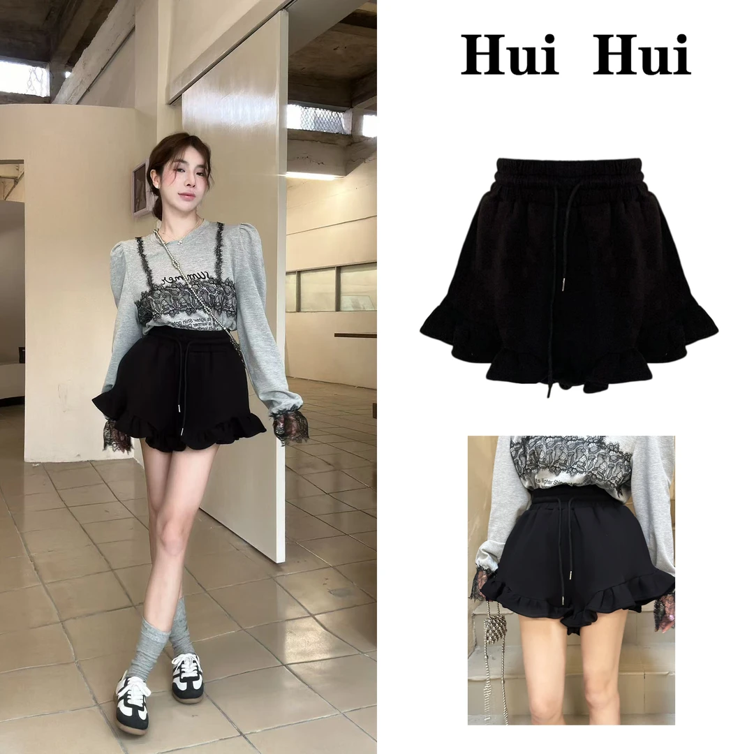 【HuiHui】韩国极简风高级小众花边松紧腰个性百搭短裤（A1550)
