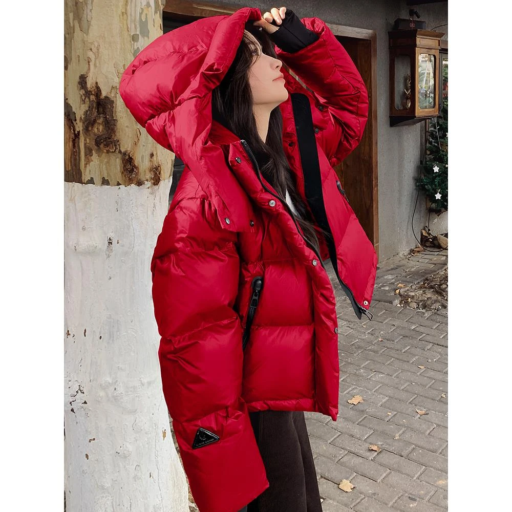 VOCKOO官方亮面免洗红色羽绒服女冬季2025新款短款小个子高级感超