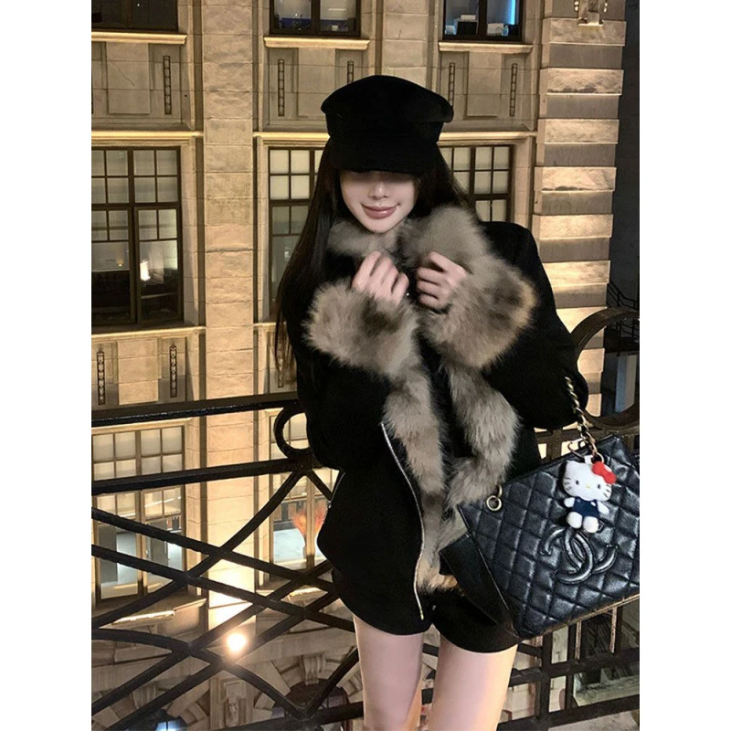 美式复古黑色皮毛一体外套女秋冬季高级感宽松显瘦长袖座山雕外套