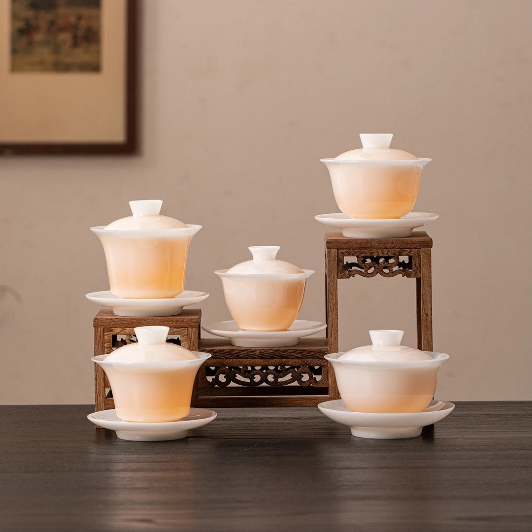 冰种璞玉羊脂玉白瓷三才盖碗单个功夫茶碗带盖德化陶瓷家用泡茶具