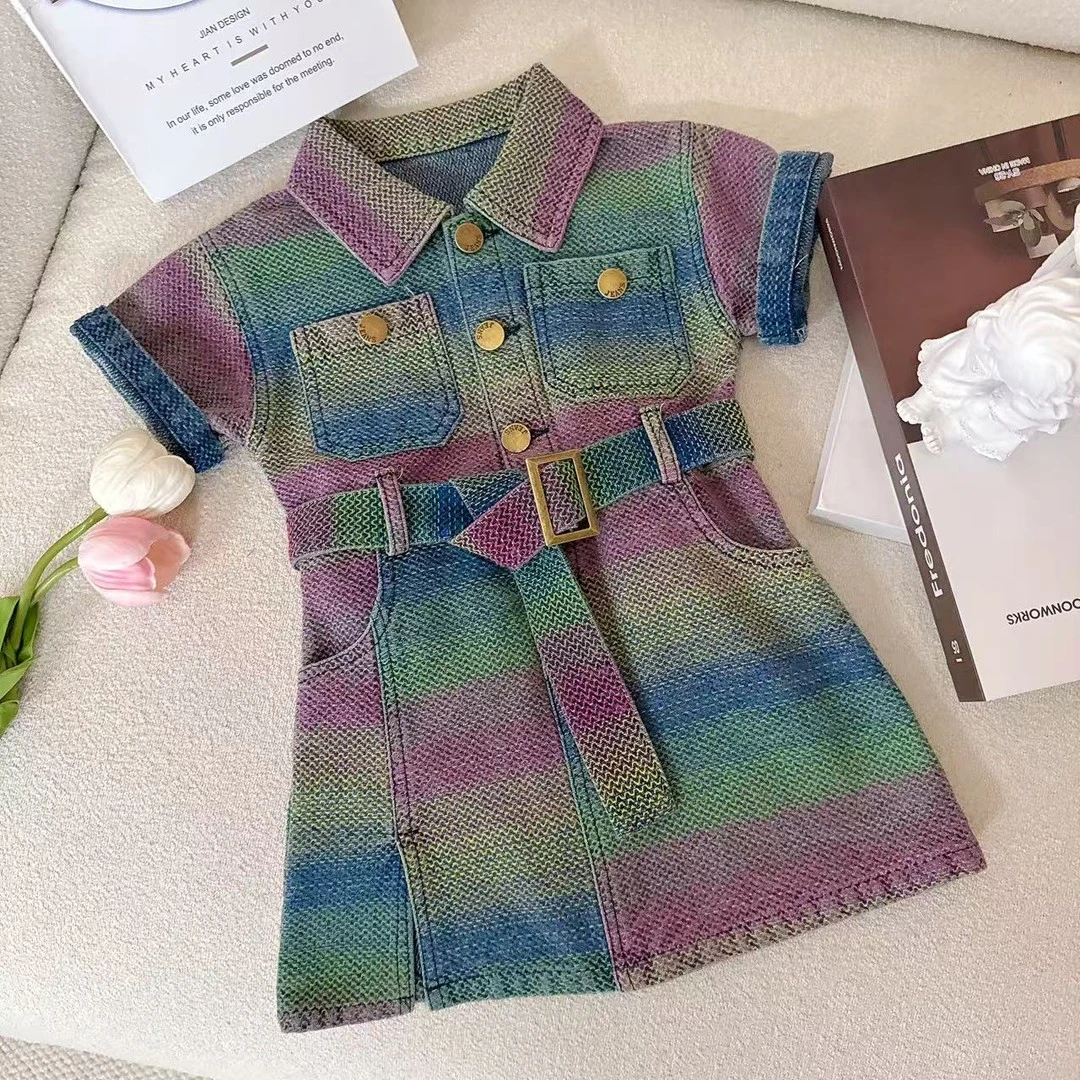 女童韩版时尚牛仔连衣裙翻领设计女孩收腰短袖夏季新款洋气裙子潮