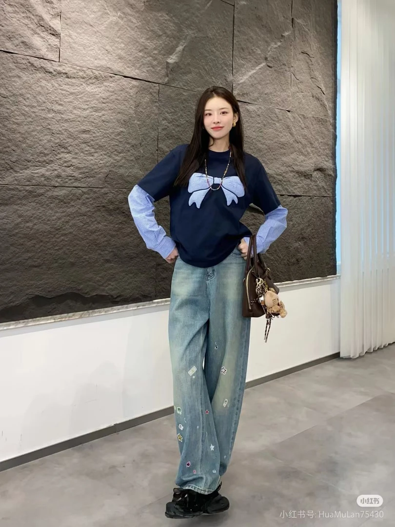 ​F*RD/福die立体蝴蝶结格纹拼接假两件T恤