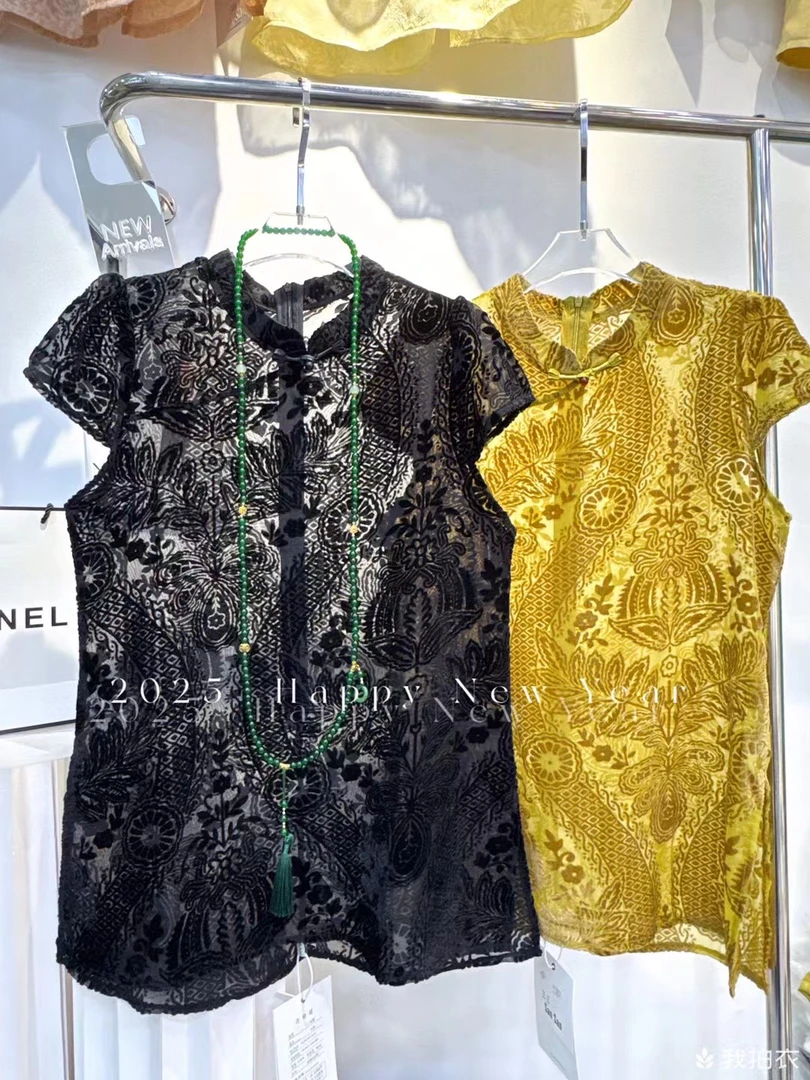 大码新中式国风烧花旗袍上衣显瘦遮肉半袖25521