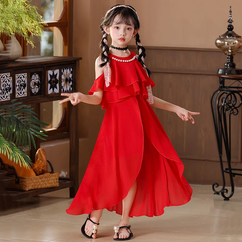 女童裙子夏季2025新款女孩洋气夏日沙滩公主裙儿童夏款雪纺连衣裙