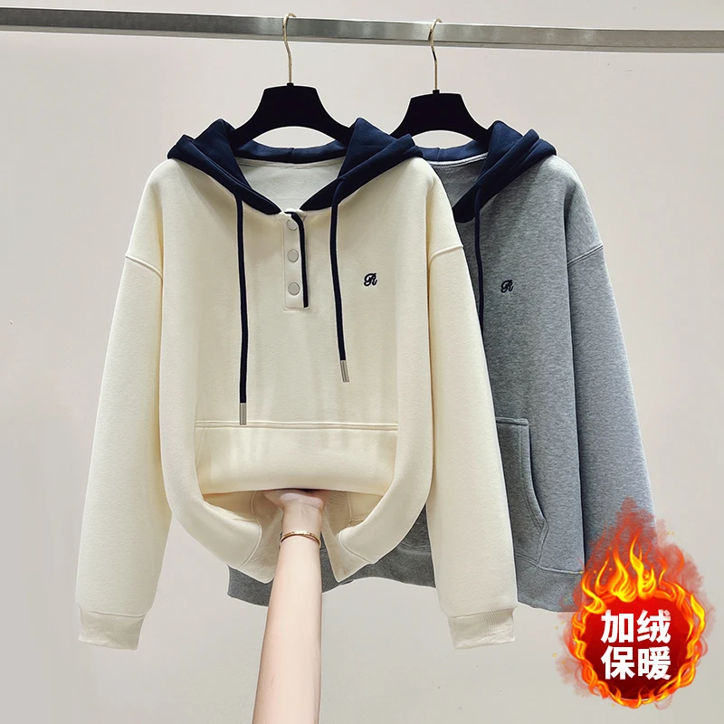 2025冬季新款加绒加厚卫衣女连帽宽松时尚保暖初中高中学生上衣服