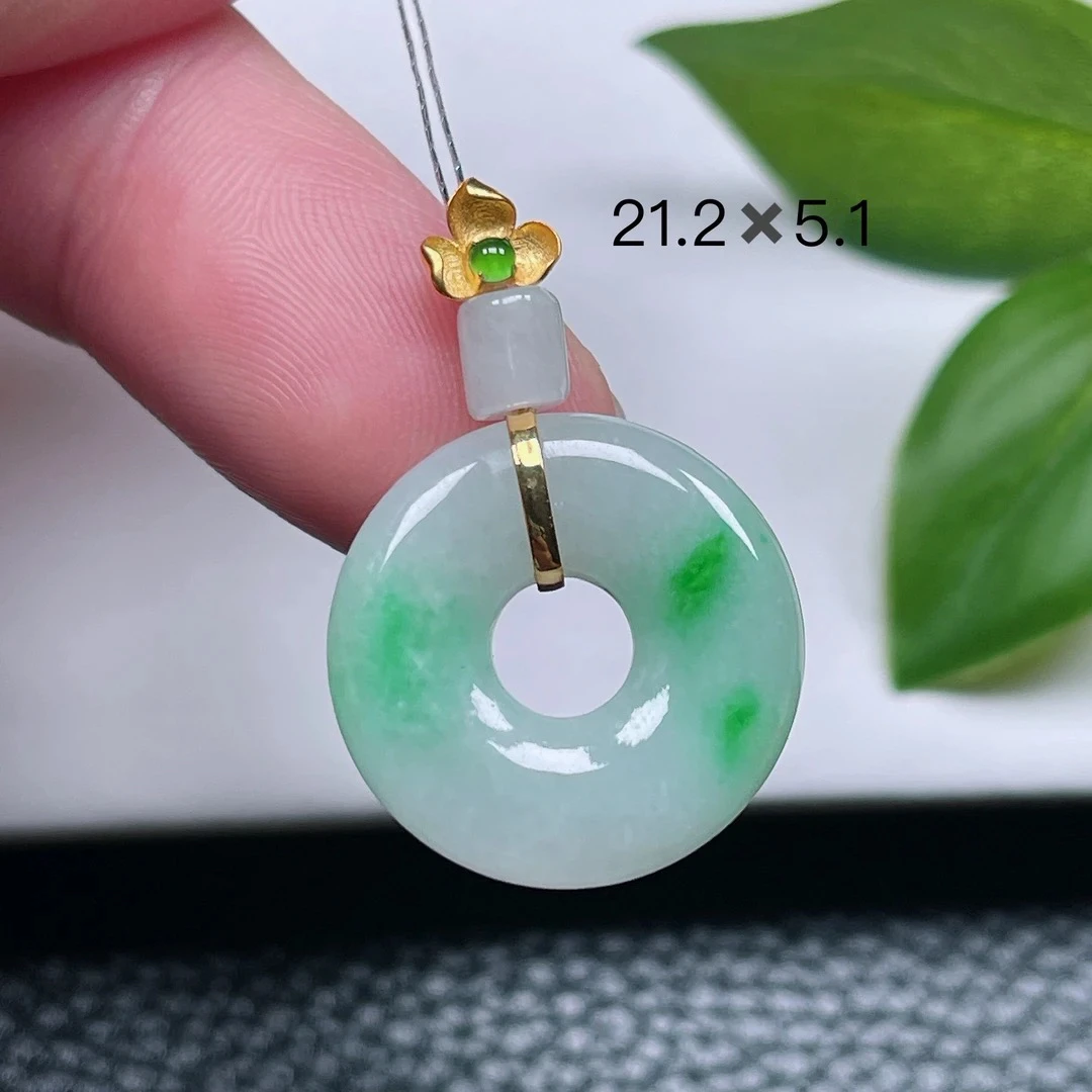 缅甸天然翡翠A货、冰糯种飘阳绿平安扣甜甜圈吊坠18k辣绿玉扣挂件X