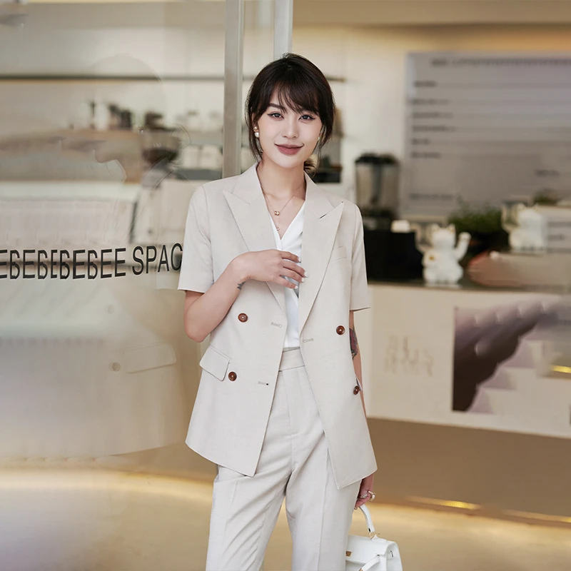 一九二九沪匠夏季高级感米色短袖修身西装套装女气质职场通勤西服