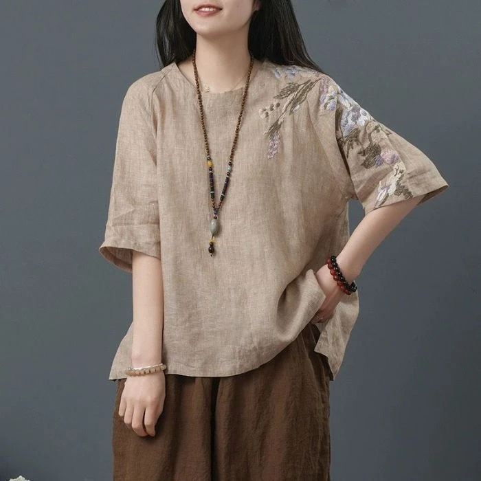 棉麻薄款民族风宽松大码上衣女夏季2025新款文艺复古中式女装t恤