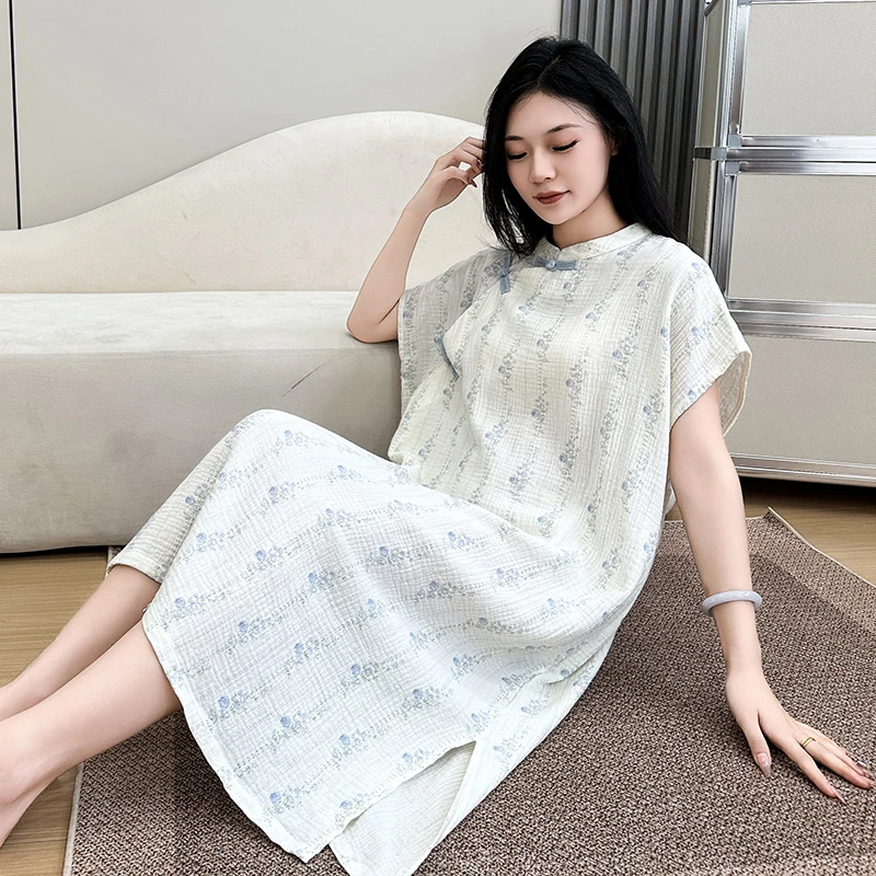 2025夏季大码纯棉睡裙女薄款双层纱布家居长裙胖mm宽松无袖连衣裙