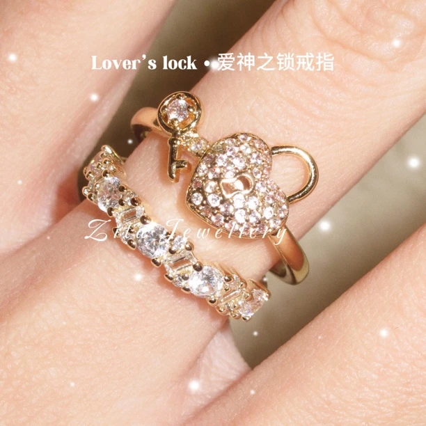 合金合成锆石戒指 Lover’s lock•爱神之锁～小众闪钻爱心小锁戒指