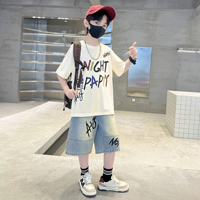 夏季短袖男童牛仔2024潮炸薄款痞新款套装夏装中大男孩儿童帅气