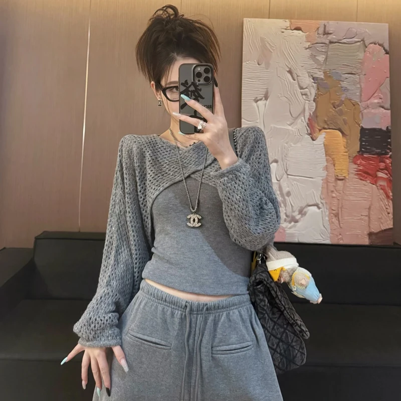 韩系氛围感穿搭套装女2025早秋季新款针织罩衫背心叠穿上衣两件套