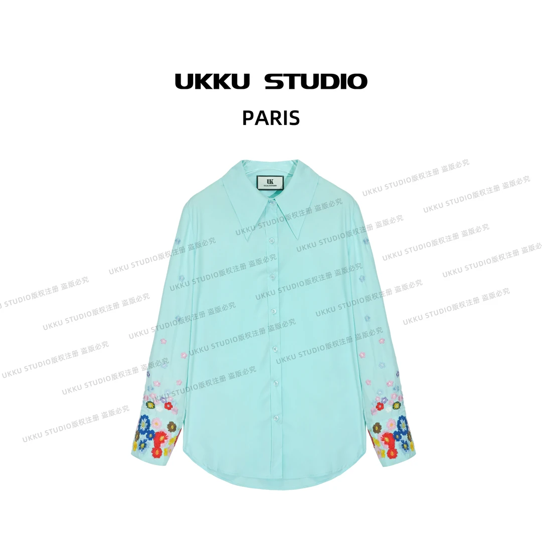 文文【UKKUSKUDIO】设计师款春秋冬气质手工刺绣女士衬衫613622