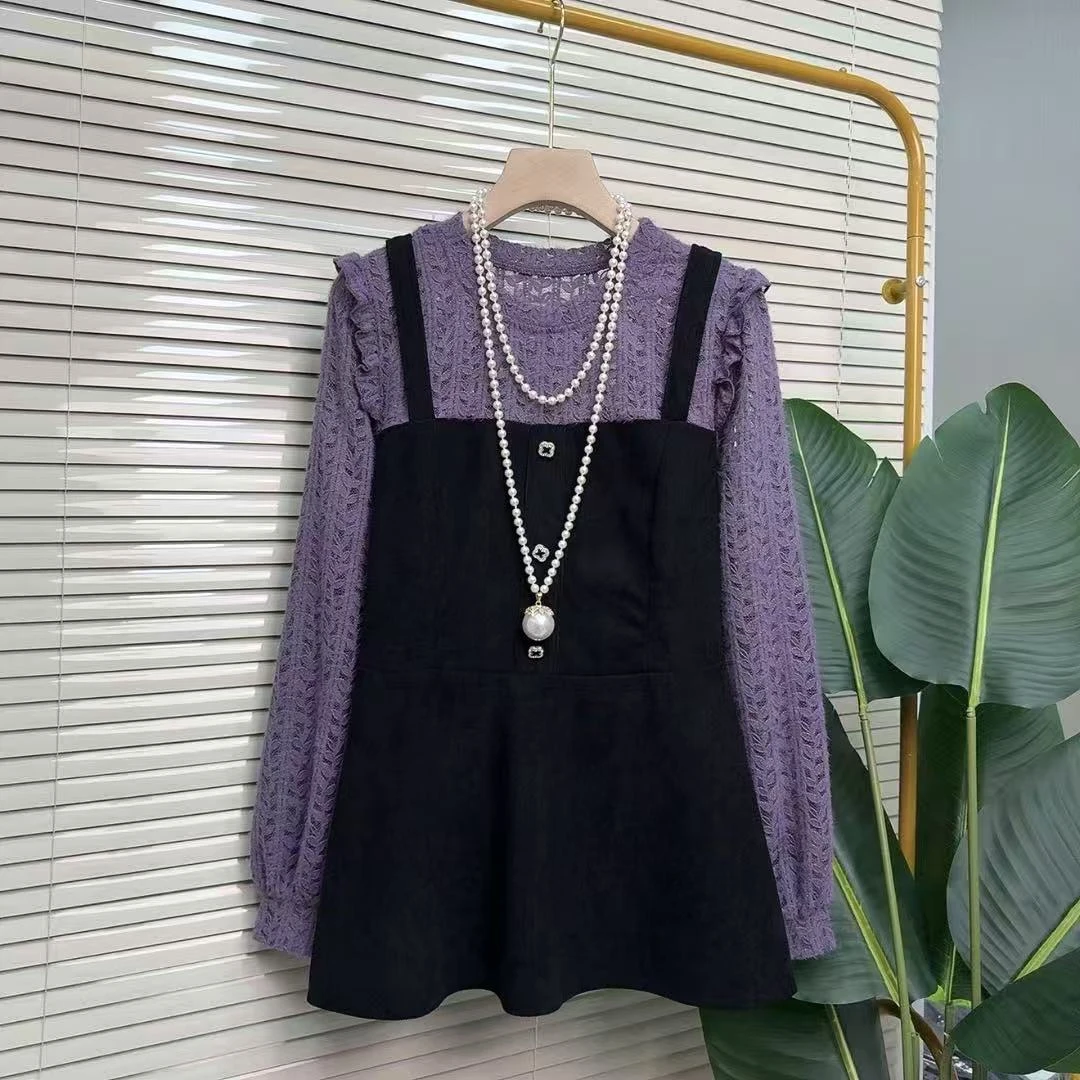 大码女装拼接假两件显瘦2025秋冬镂空时尚小香风遮肚新款长袖上衣