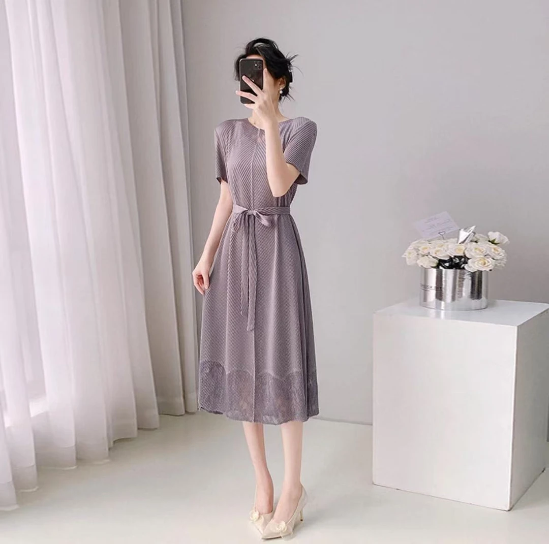 2025-009褶皱时尚显瘦百搭连衣裙轻奢高贵气质优雅名媛夏季大码