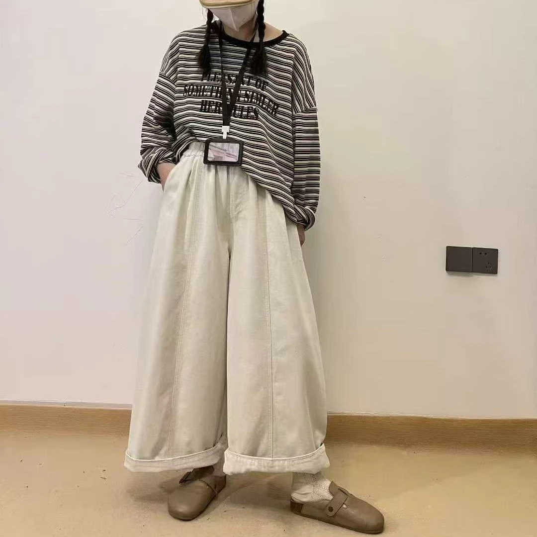 复古山本风女士水洗松紧丹宁风口袋阔腿休闲裤