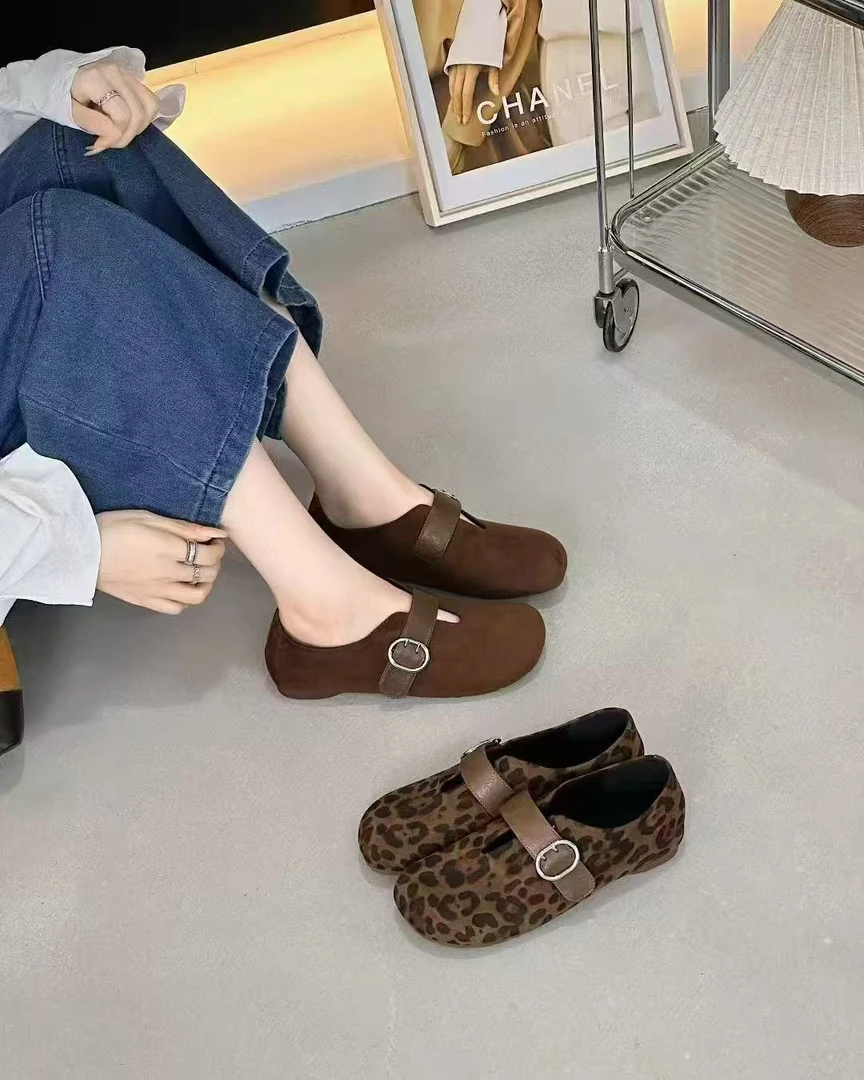 【刘姐高货】磨砂豹纹单鞋（内里加绒）复古方头棕色时尚韩版BL16