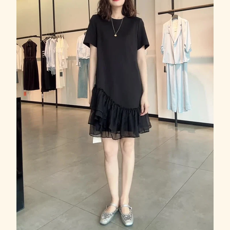 知性风女装黑色裙子2025夏季新款小黑裙宽松显瘦赫本风拼接连衣裙