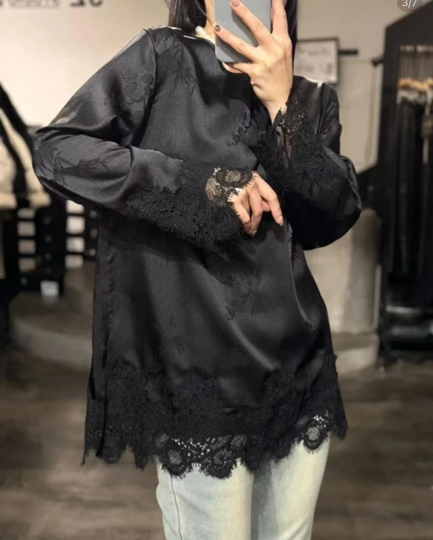 139欧货新款圆领国风提花刺绣高级感蕾丝花边长袖小衫