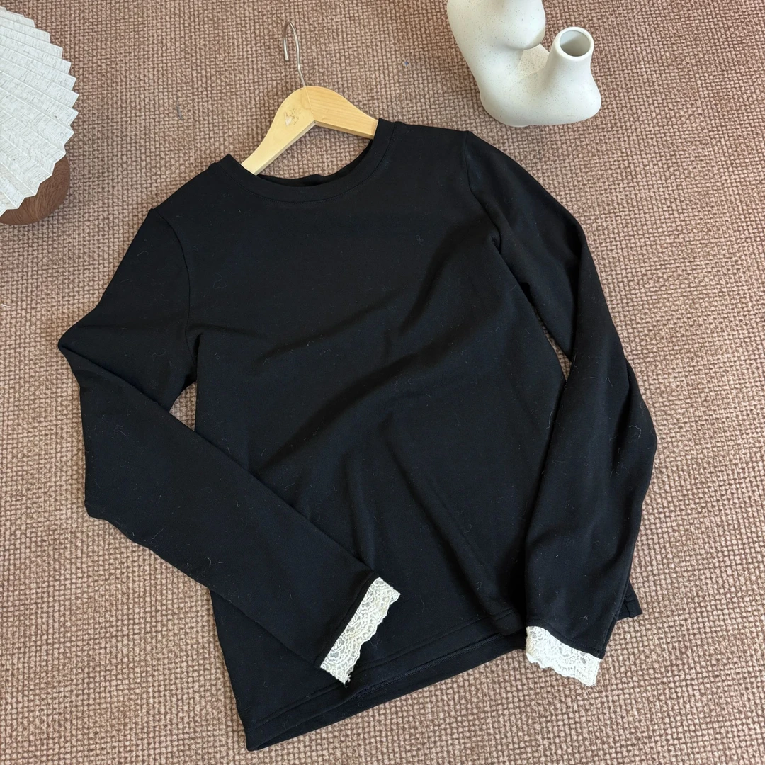 JIUJIU【空白日记】圆领拼接打底上衣休闲百搭蕾丝手袖