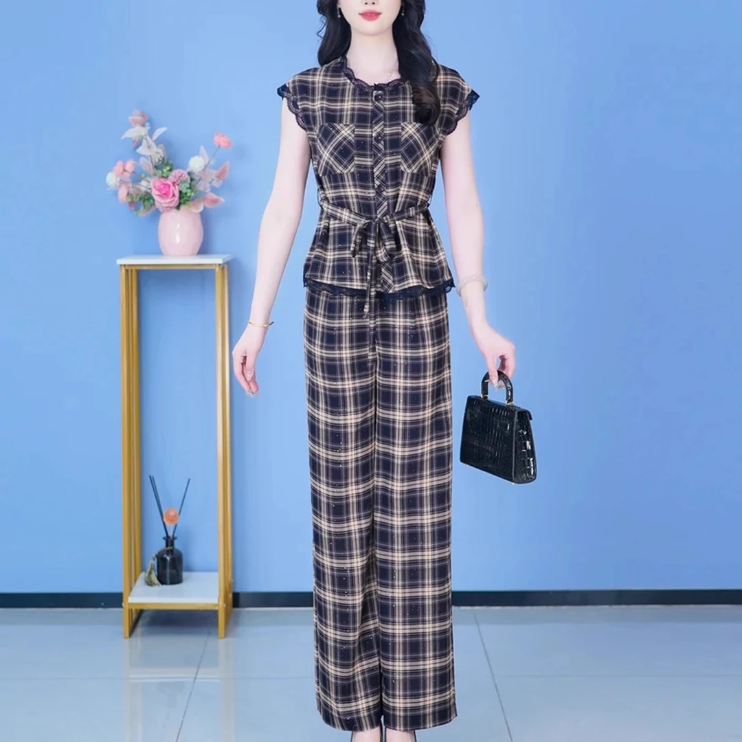 格子收腰显瘦上衣阔腿裤两件套女士2025夏季新款减龄洋气时尚套装