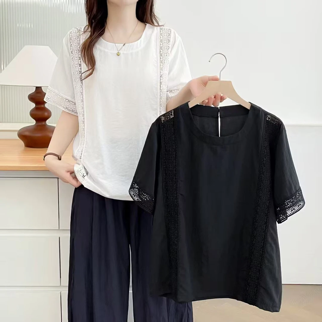 JIANAOBEN/简澳本大码洋气显瘦宽松设计感镂空花边T恤短袖小衫