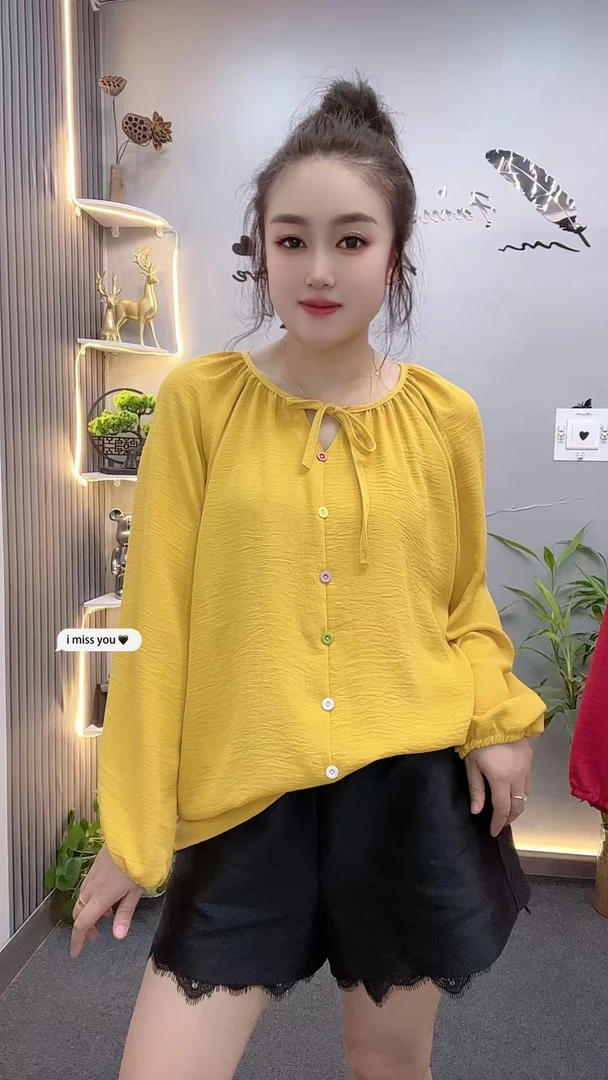 新款878早秋韩版甜美圆领系带彩扣长袖洋气宽松上衣