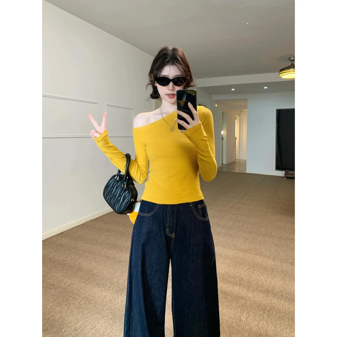 美式辣妹黄色紧身长袖恤女早春新款修身显瘦收腰上衣