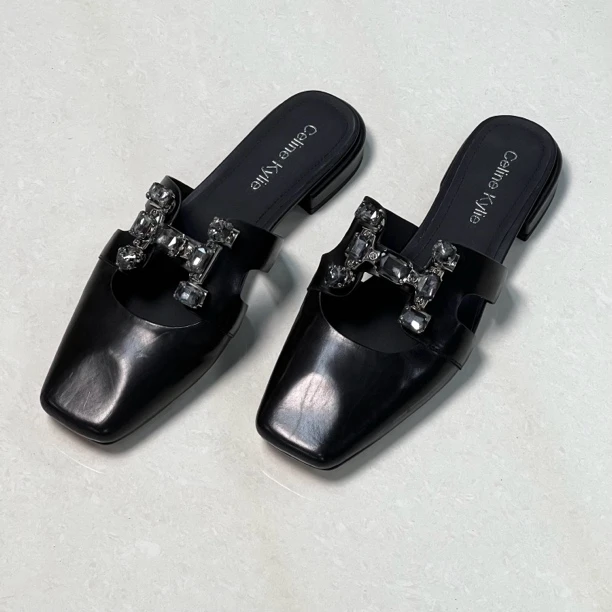 2025胎牛皮时尚休闲H扣方头百搭舒适气质拖鞋真皮女鞋