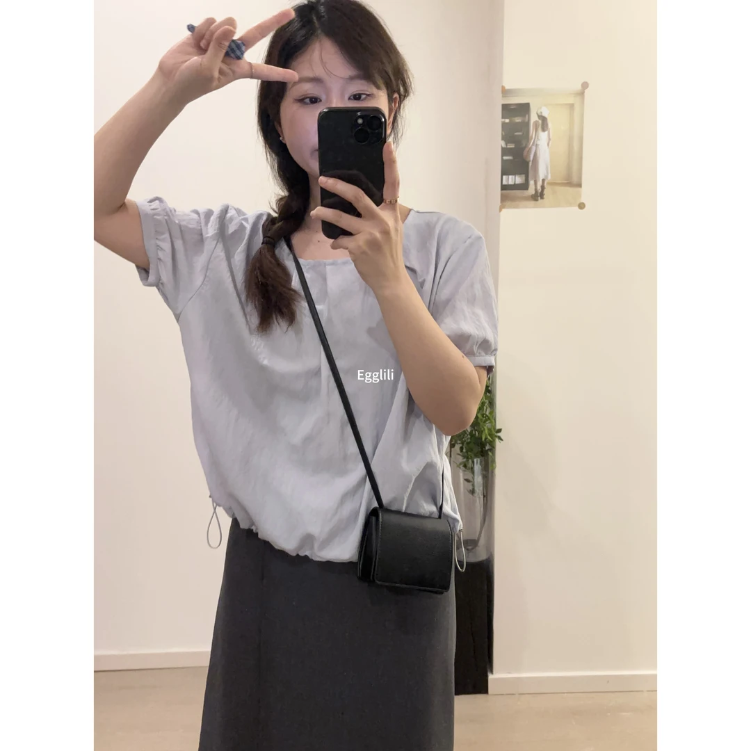 【圆领压褶小衫】肌理感抽绳上衣